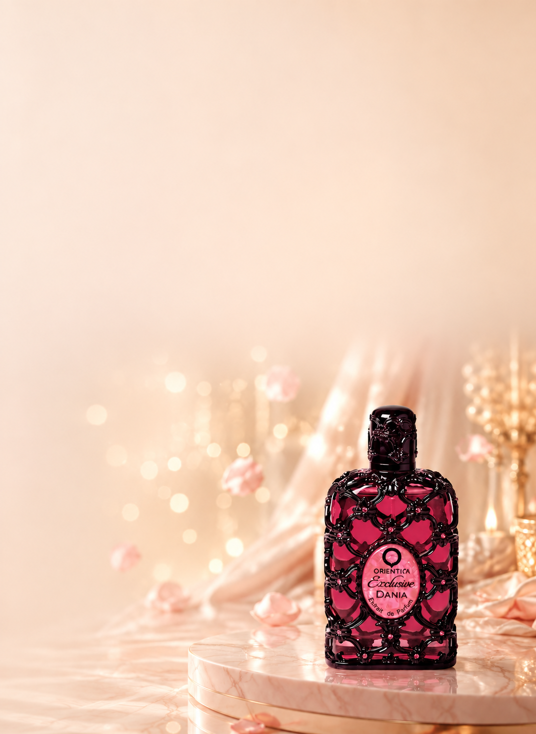 Frasco de perfume lacrado sobre mármore entre velas douradas e pétalas — coleção de frascos de perfume lacrados