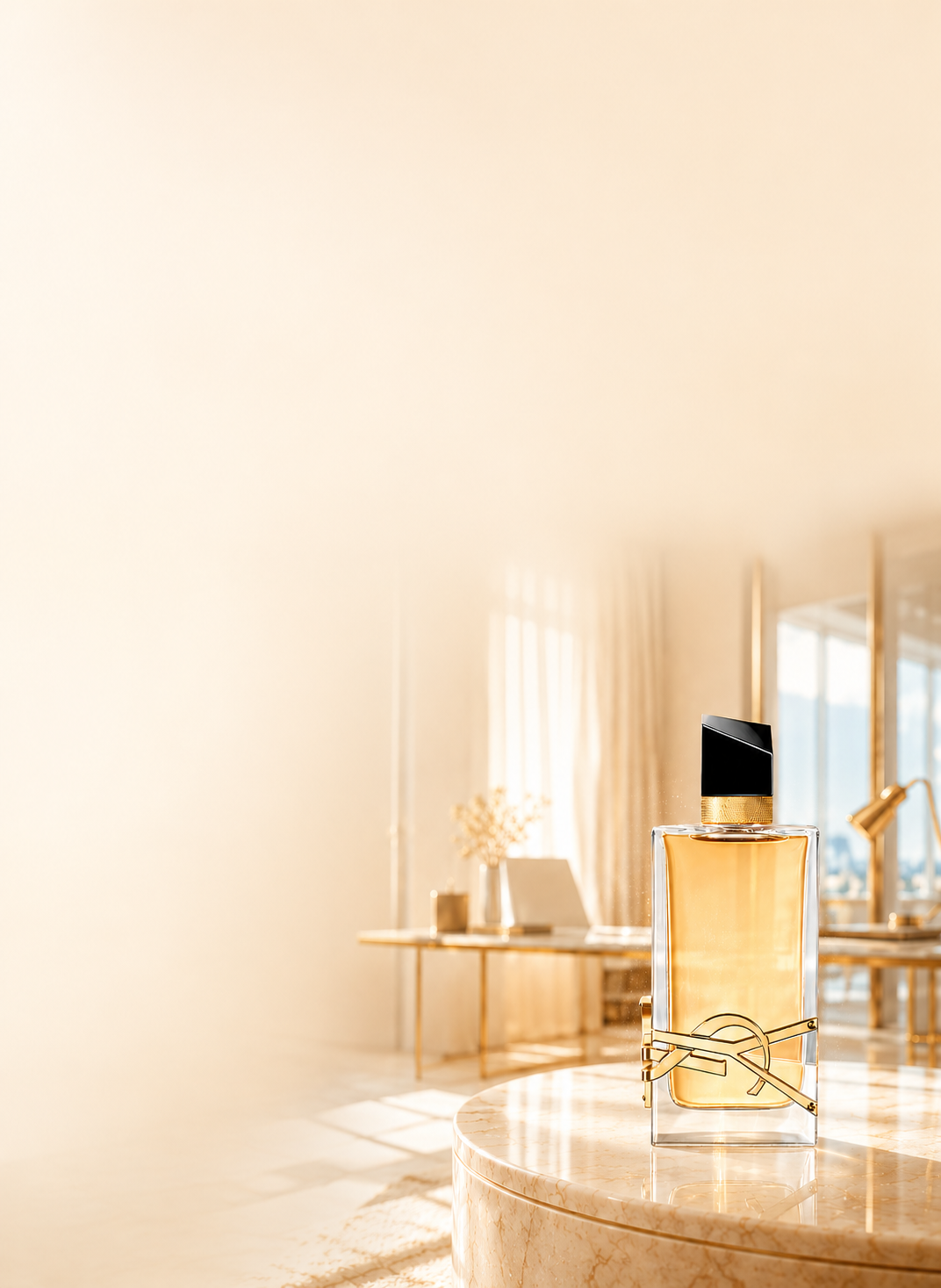Frasco de perfume sobre mesa de mármore em um escritório claro e iluminado — seleção de perfumes para o trabalho
